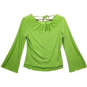 Y2K Lime Green‎ Sparkle Top Tie Back Flare Sleeve Lettuce Hem Size Small